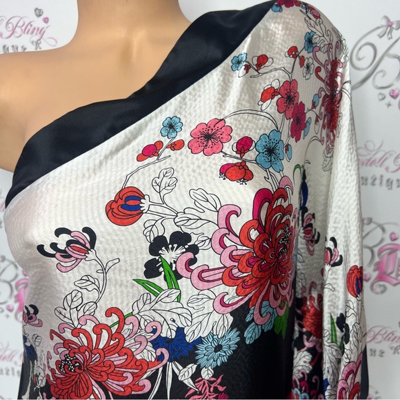 Bebe silk one shoulder bat wing scarf sleeved top shiny metallic multicolor - Picture 8 of 16